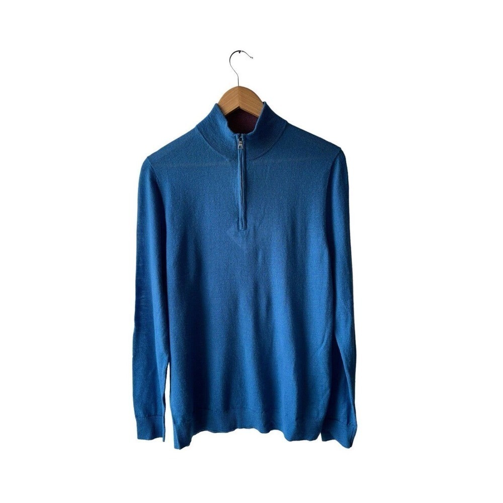 Belford Men's Size L Blue 100% Extra Fine Merino Wool Quarter Zip Sweater - New